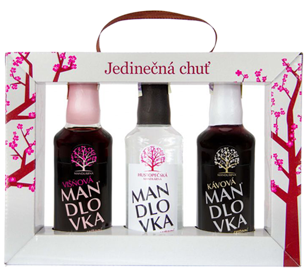 Hustopečská mandlárna s.r.o Set Mandlovka 0,2l 38% a Višňová Mandlovka 0,2l 33% a Kávová Mandlovka 0,2l 25% Hustopečská mandlárna lihovina+ Dárkové balení