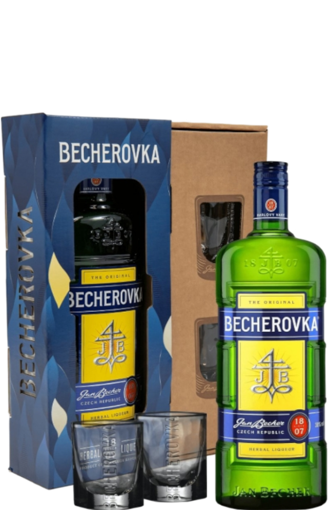 Jan Becher Becherovka 0,7l 38% se skleničkami + Dárkové Balení